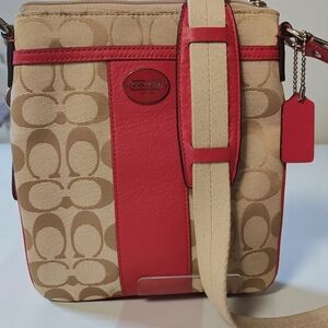 Coach Signature Tan and Red Crossbody Bag